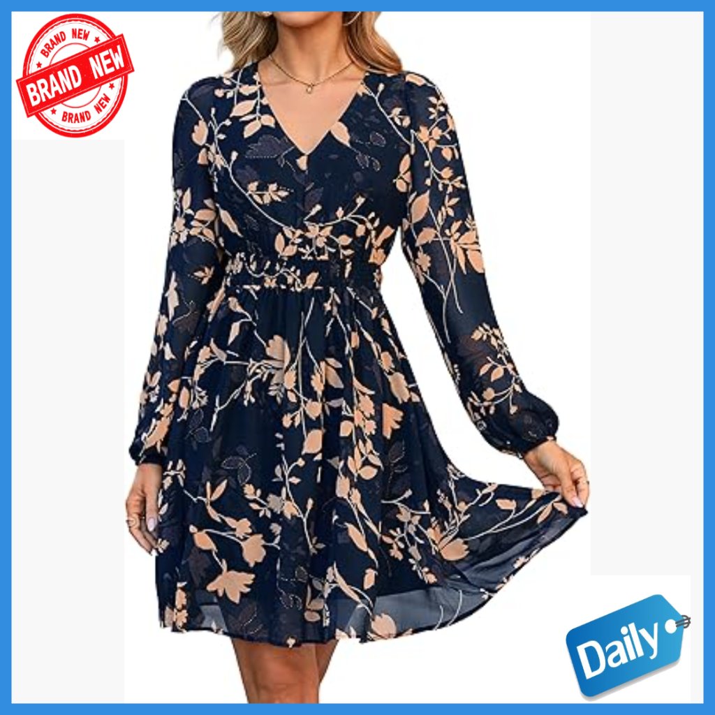 Long Sleeve Floral Mini Dress V Neck Chiffon Boho Wedding Guest Casual